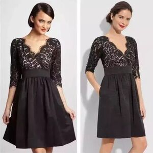 Eliza J Black Eyelash Lace and Faille Fit and Flare Cocktail Dress